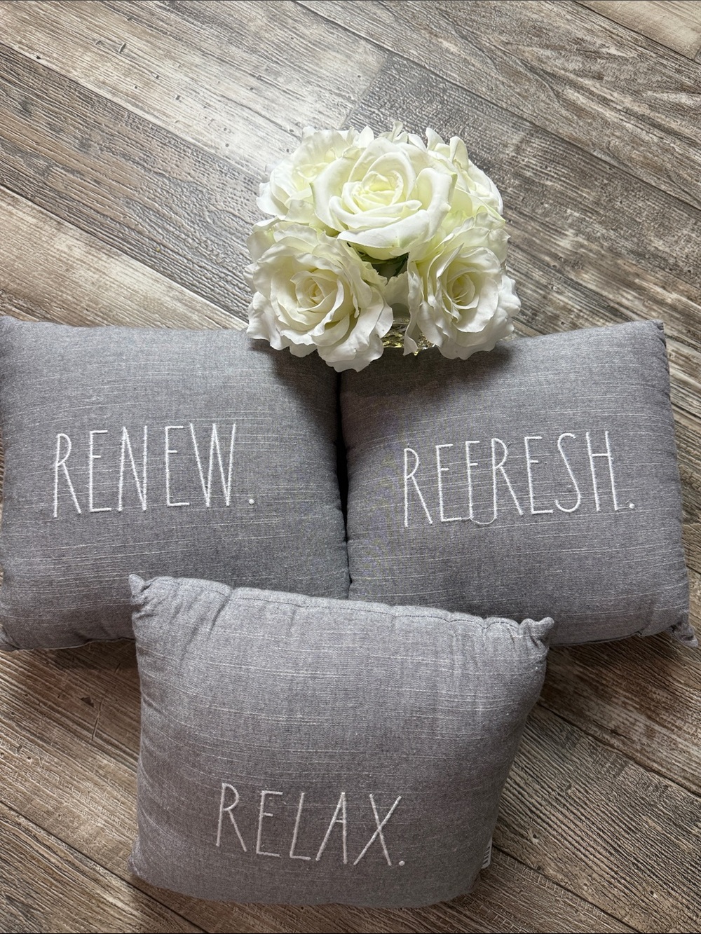 Rae Dunn Gray Decorative Throw Pillows Set - "Renew. Refresh. Relax."